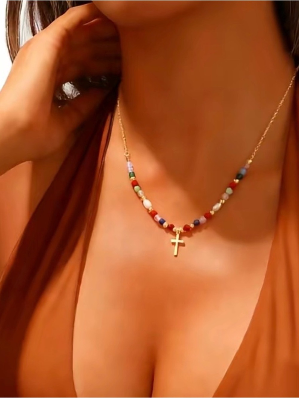 Gold Cross Multicolor Beaded Necklace - Women Jewelry
